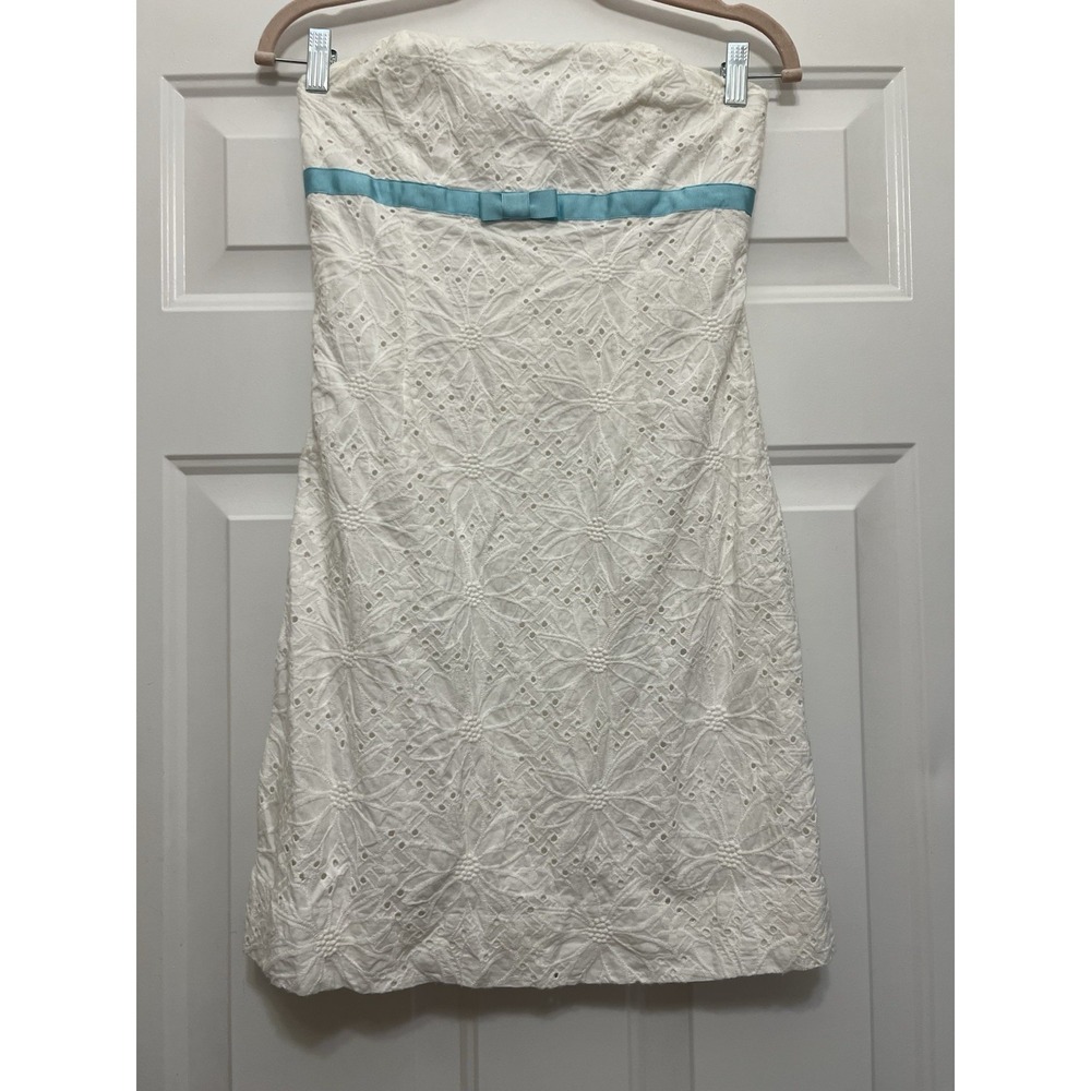 VTG Lilly Pulitzer White Eyelet Floral Strapless Dress Size 8 Beach Preppy